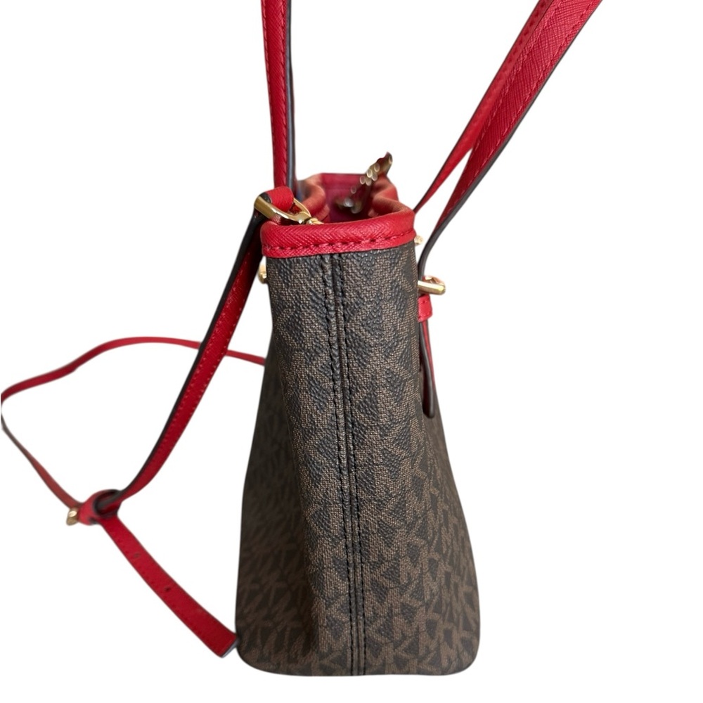 Michael Kors Jet Set Travel Signature Logo brown & red top zip small tote bag - Picture 6 of 15